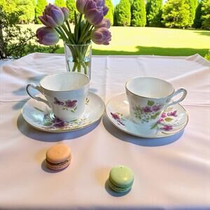 Mayflower China Fine Bone England Purple Poseys Cup & Saucer Set of 2